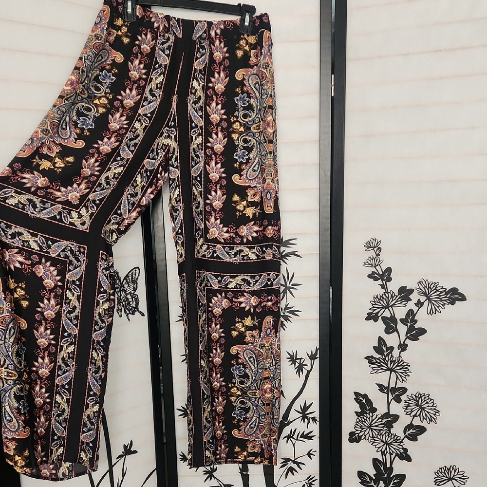 Pink Rose Black Paisley Wide Leg Pants
